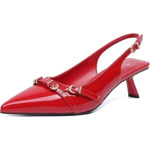 Mostrin Kitten Heel Ruby Faux Leather Low Slingback Heel with Buckle Dress Shoes